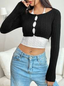 SHEIN EZwear Cut Out Crop Cardigan & Knit Top - Black and White - View 4