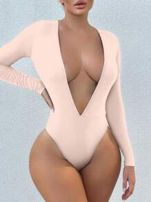 SHEIN SXY Plunging Neck Slim Fit Bodysuit - Pink - View 3