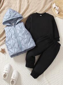 男小童素色連帽夾克背心和運動褲&素色運動衫 - 藍色 - 查看 1