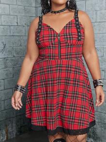 ROMWE PUNK 大碼格子呢圖案蕾絲邊吊帶洋裝不附腰帶 - 彩色 - 查看 2