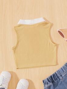 SHEIN Cô Gái Trẻ Cổ áo tương phản Cổ Polo Áo ba lỗ - Màu be - Xem 2