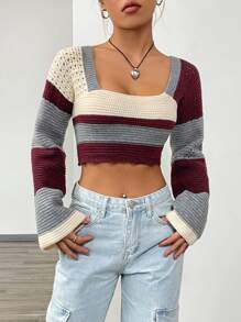 SHEIN Unity 撞色方領短款毛衣 - 酒紅色 - 查看 1