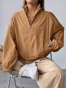 SHEIN EZwear Dây kéo Thả vai Áo khoác - Lạc đà - Xem 7