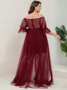 Maternity Off Shoulder Flare Sleeve Mesh Elegant Dress, For Party - Red - View 2