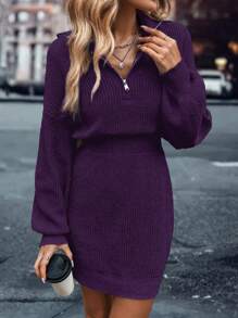 SHEIN Clasi Khóa kéo một phần tư Thả vai Đầm Áo len - Màu tím - Xem 1