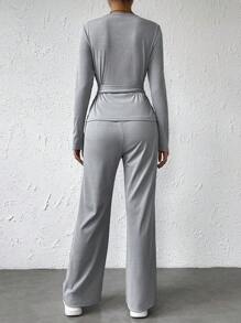 SHEIN Essnce 素色腰帶T恤&闊腿褲 - 灰色 - 查看 4