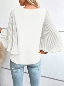 SHEIN VCAY Chất rắn Xếp li Tay áo kèn  Cổ v Áo sơ mi - trắng - Xem 2