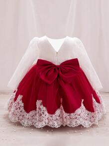 SHEIN Glamorique Kids Baby Girl Two Tone Contrast Lace Bow Front Mesh Hem Party Dress