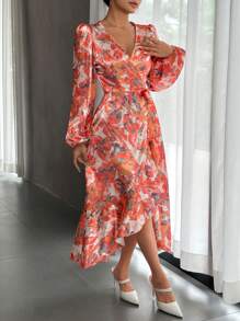 SHEIN Privé 滿版印花燈籠袖側打結圍裹式洋裝 - 橘色 - 查看 3