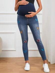 SHEIN Maternity Butterfly Print Skinny Jeans - Medium Wash - View 1