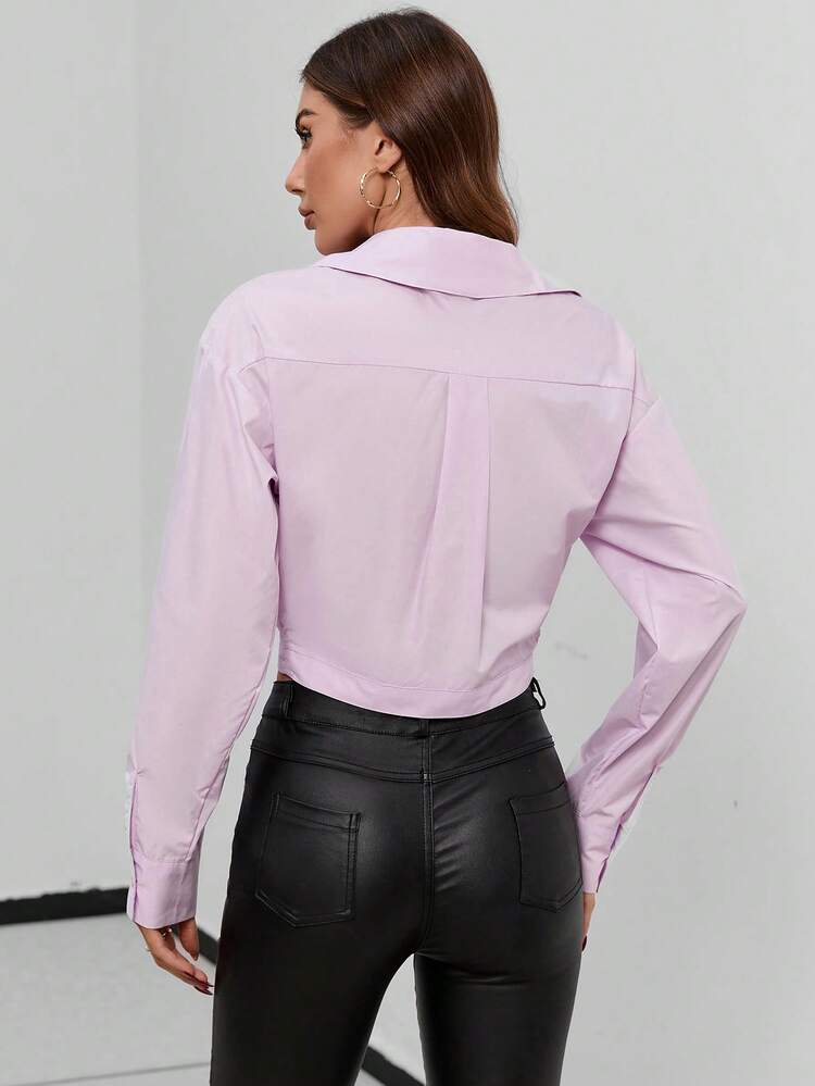 Solid Button Front Crop Shirt Fall Cloth For Women