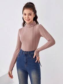 少女針織高領毛茸茸窩紋紋路長袖拇指孔t恤 - 藕粉色 - 查看 5