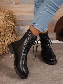女性時髦,簡約風,舒服的繫帶摩托靴子 - 黑色 - 查看 2