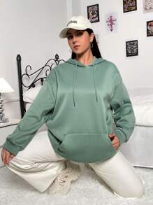 Flirla Plus Size Kangaroo Pocket Drop Shoulder Drawstring Sweatshirt - Green - View 3