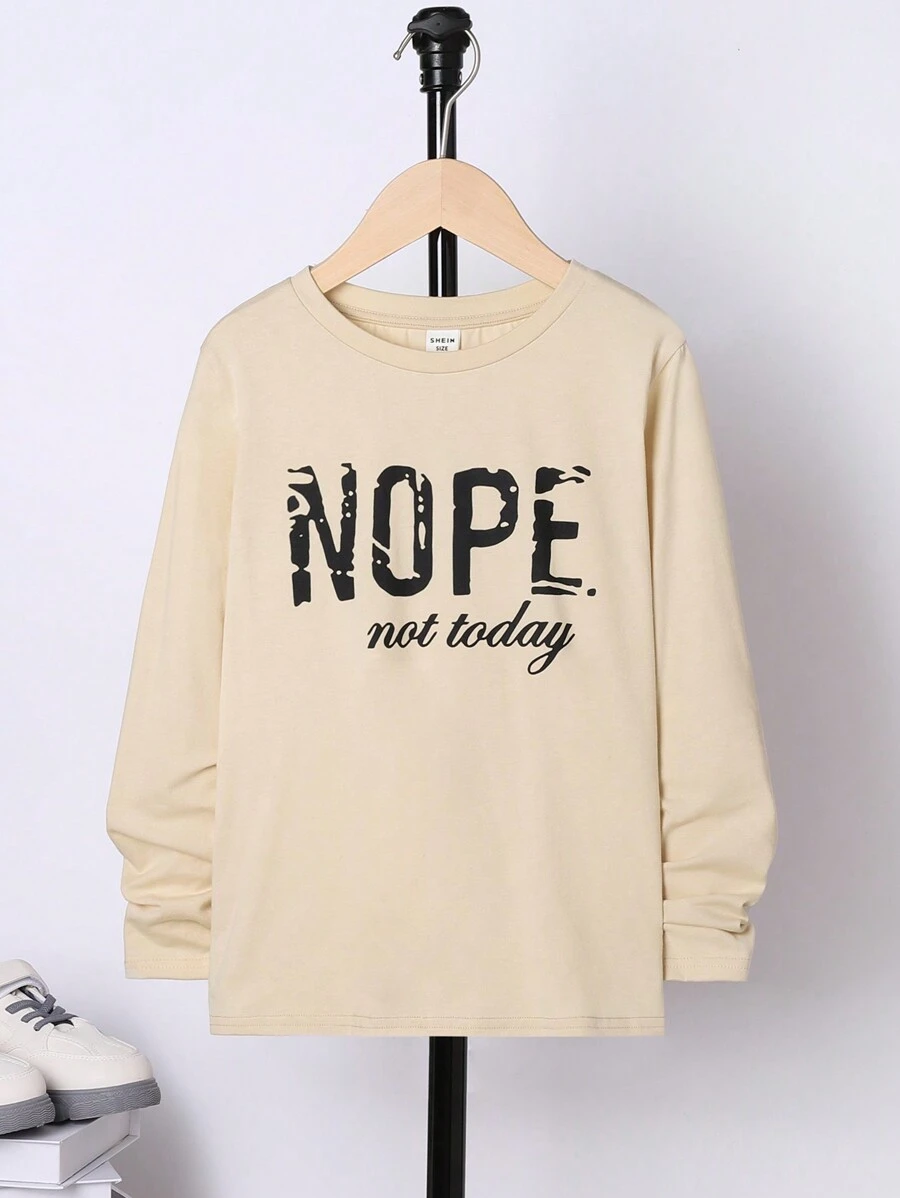 SHEIN Tween Boys Casual Crew Neck Loose Solid Color Letter Print Long Sleeve Knit T-Shirt - Khaki - View 1