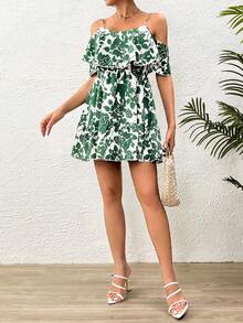 SHEIN VCAY Floral Print Cold Shoulder Ruffle Trim Belted Dress - Green - View 3