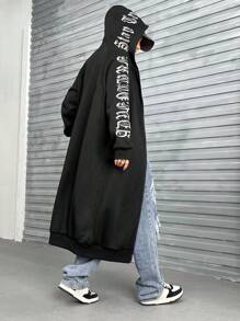 SHEIN EZwear Letter Graphic Zip Up Hoodie - Black - View 2