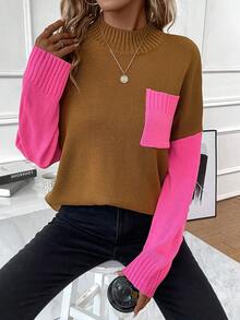 SHEIN Essnce 雙色補丁貼口袋落肩袖小高領下擺開叉套頭毛衣 - 卡其色 - 查看 6