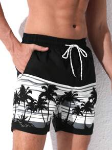 Manfinity KASUA 男士热带图案印花抽绳腰短裤泳池短裤，适合海滩、度假 - 彩色 - 查看 1