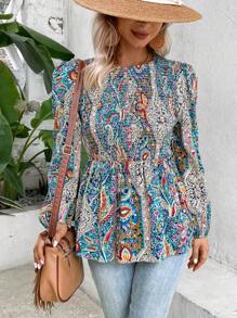 SHEIN VCAY 佩斯利印花燈籠袖荷葉邊下擺襯衫 - 彩色 - 查看 1