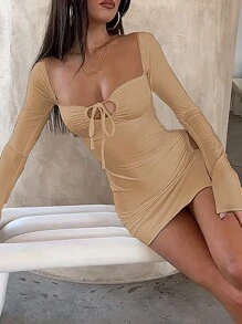 Tie Front Ruched Bodycon Dress - Khaki - View 1