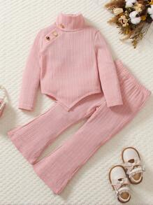 SHEIN Young Girl High Neck Hanky Hem Tee & Flare Leg Pants - Dusty Pink - View 1