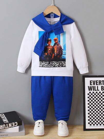SHEIN Young Boy Letter and Figure Graphic Pullover and Sweatpants