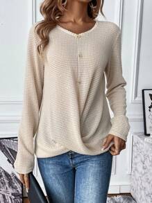 SHEIN LUNE Twist Hem Waffle Knit Tee Fall Cloth For Women - White - View 6