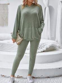 SHEIN LUNE 大碼落肩袖連帽衫和緊身褲 - 綠色 - 查看 3