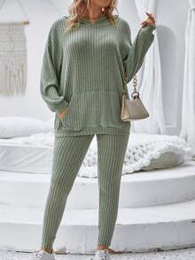 SHEIN LUNE 大碼落肩袖連帽衫和緊身褲 - 綠色 - 查看 5