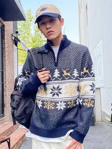 Manfinity Hypemode Nam 1 Miếng Mẫu giáng sinh Khóa kéo một phần tư Áo len - Xanh đậm - Xem 3