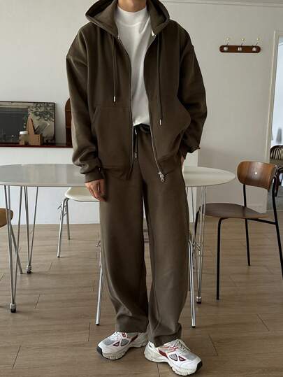 DAZY 男式拉链落肩抽绳连帽衫和运动裤，秋季服装