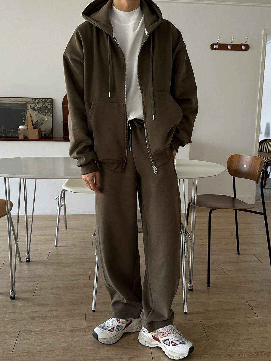 DAZY 男式拉链落肩抽绳连帽衫和运动裤，秋季服装