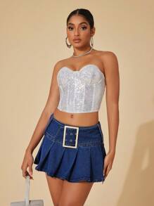 SHEIN BAE Falda en mezclilla con diseño con hebilla bajo fruncido - Azul lavado oscuro - Ver 5