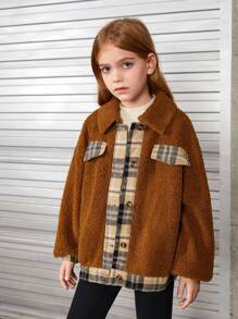 SHEIN Tween Girl Plaid Panel Drop Shoulder Teddy Jacket - Khaki - View 4