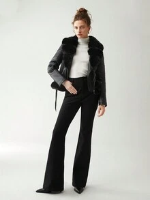 Anewsta 拉鏈開襟毛茸邊PU皮革夾克 - 黑色 - 查看 8