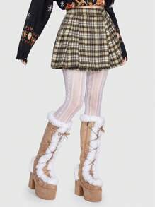 ROMWE Kawaii 格紋紐扣細節半身裙 - 棕色 - 查看 5