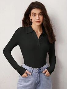 SHEIN BASICS Solid Ribbed Knit Tee - Black - View 2