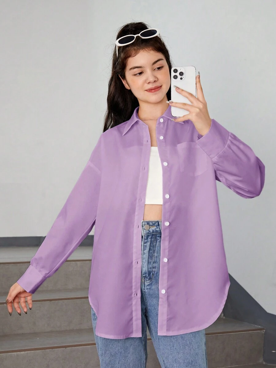 青少年女孩落肩袖口袋貼布襯衫