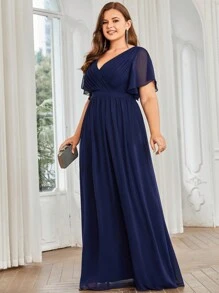 EVERPRETTY Plus Elegant V Neck Pleated Ruffle Sleeves Floor Length Fall Winter Blue Wedding Guest Dresses Bridesmaid Dresses For Party - Navy Blue - View 6