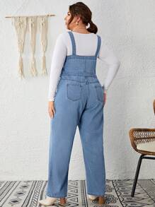 SHEIN LUNE 大碼前紐扣牛仔背帶褲不帶T恤 - 藍色 - 查看 2