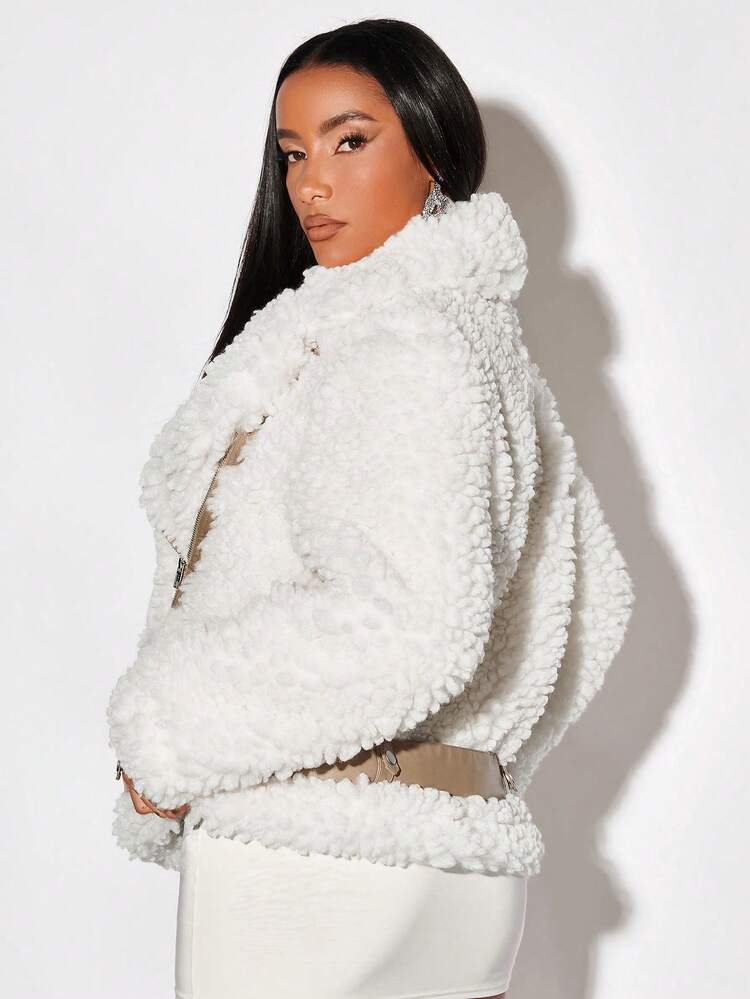 White Faux Sheepskin Women's Jacket, Suitable For Christmas Party & New Year's Eve Outfits
