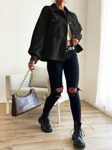 SHEIN LUNE Túi có nắp Thả vai Nút phía trước Áo khoác - màu đen - Xem 6