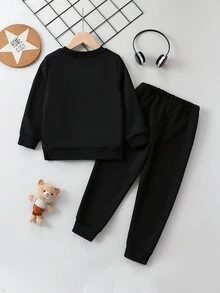 Young Boy Bear And Letter Graphic Sweatshirt & Sweatpants - Black - View 2