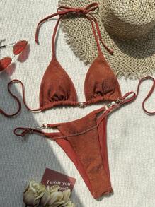 SHEIN Swim Bộ đồ tắm Bikini tam giác lấp lánh trên bãi biển mùa hè - Rỉ Nâu - Xem 1