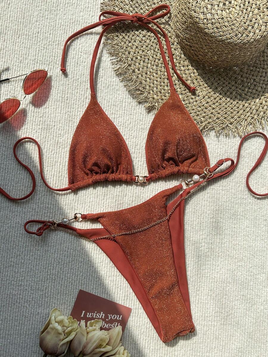 SHEIN Swim Bộ đồ tắm Bikini tam giác lấp lánh trên bãi biển mùa hè - Rỉ Nâu - Xem 1