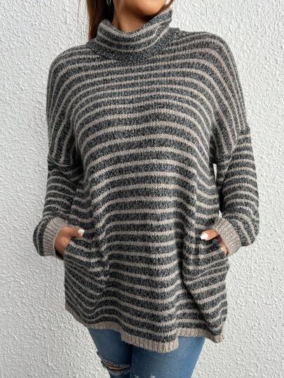 SHEIN Plus Striped Pattern Turtleneck Drop Shoulder Sweater, For Winter Knit Pullover Fall Autumn