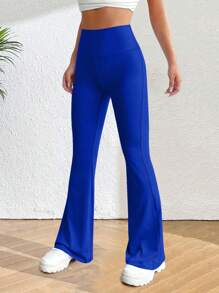 INAWLY Wide Waistband Flare Leg Pants - Blue - View 4