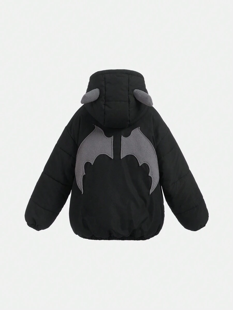 SHEIN Tween Boy Patched Detail 3D Ears Design Hooded Padded Coat,In Fall/Winter - Black - View 1