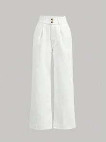 SHEIN MOD Vaqueros De Pierna Ancha De Cintura Alta Suelta Para Mujer Con Banda Elástica En La Cintura - Blanco - Ver 1